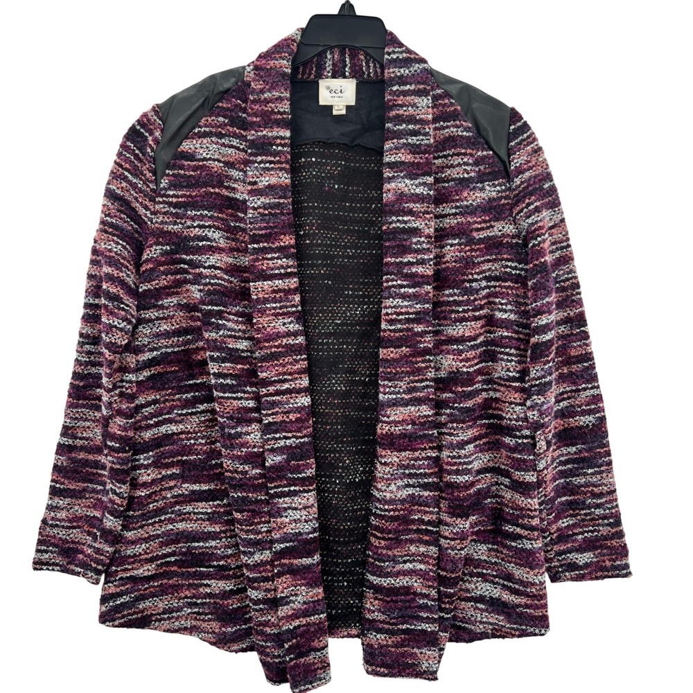 ECI New York Women's Boucle Knit Cardigan Faux Leather Accents Purple Size L
